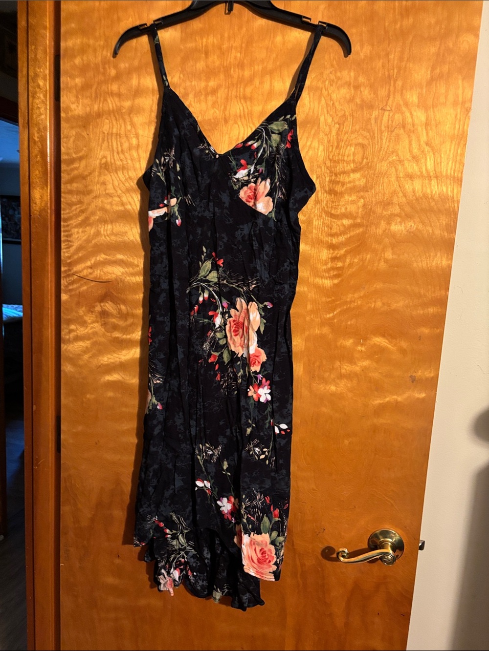 Black Floral High-Low Slip Dress with Pink Rose Print